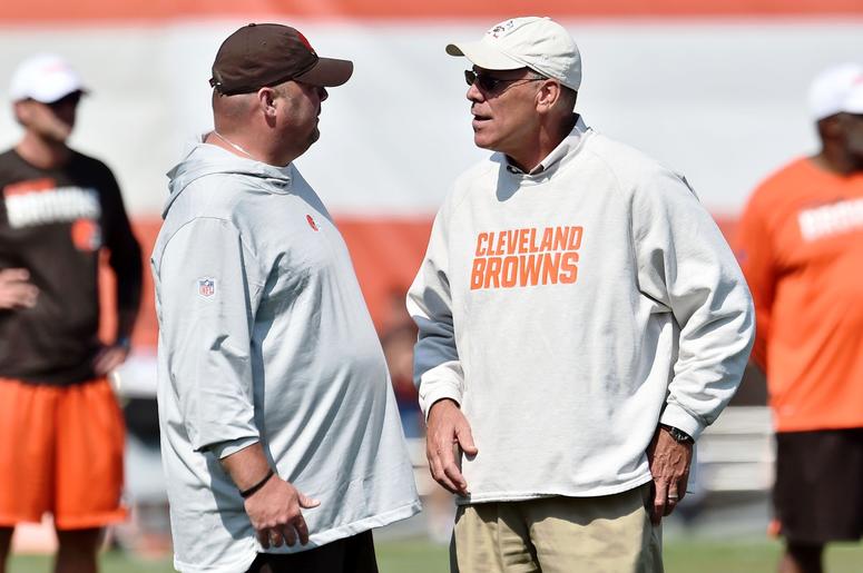 Cleveland Browns head coach Freddie Kitchens (left) talks with general manager John Dorsey during training camp at the Cleveland Browns Training Complex. Cleveland Browns head coach Freddie Kitchens (left) talks with general manager John Dorsey during training camp at the Cleveland Browns Training Complex.