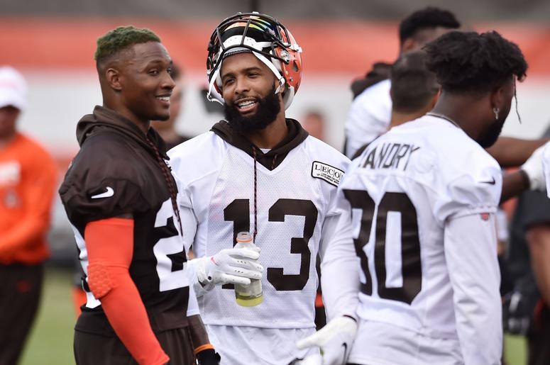 Cleveland Browns strong safety Damarious Randall (23) talks with wide receiver Odell Beckham (13) during training camp at the Cleveland Browns Training Complex. Cleveland Browns strong safety Damarious Randall (23) talks with wide receiver Odell Beckham (13) during training camp at the Cleveland Browns Training Complex.