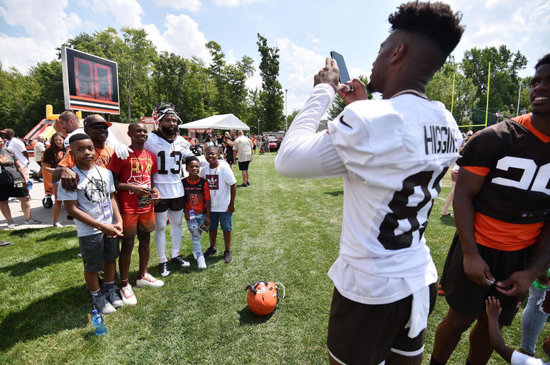 Cleveland Browns wide receiver Rashard Higgins (81) takes a photo of wide receiver Odell Beckham (13) and fans during training camp at the Cleveland Browns Training Complex. Cleveland Browns wide receiver Rashard Higgins (81) takes a photo of wide receiver Odell Beckham (13) and fans during training camp at the Cleveland Browns Training Complex.