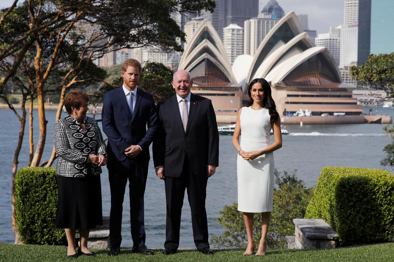 The Duke and Duchess of Sussex, Australia's Governor General Peter Cosgrove and his wife Lynne Cosgrove stand in the grounds of Admiralty House in Sydney, with a view of the Sydney Opera House, on the first day of the royal couple's visit to Australia The Duke and Duchess of Sussex, Australia's Governor General Peter Cosgrove and his wife Lynne Cosgrove stand in the grounds of Admiralty House in Sydney, with a view of the Sydney Opera House, on the first day of the royal couple's visit to Australia