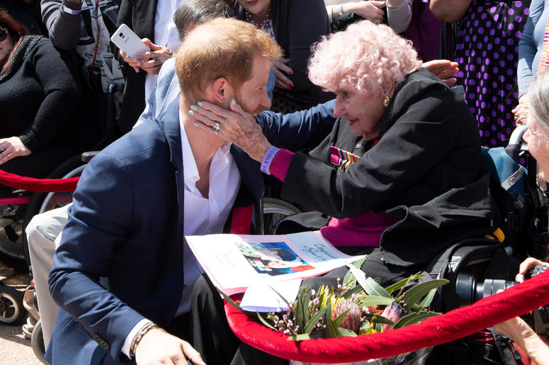 The Duke of Sussex meets 97 year old Dafney Dunne during a walkabout outside the Sydney Opera House on the first day of the Royal couple's visit to Australia. The Duke of Sussex meets 97 year old Dafney Dunne during a walkabout outside the Sydney Opera House on the first day of the Royal couple's visit to Australia.