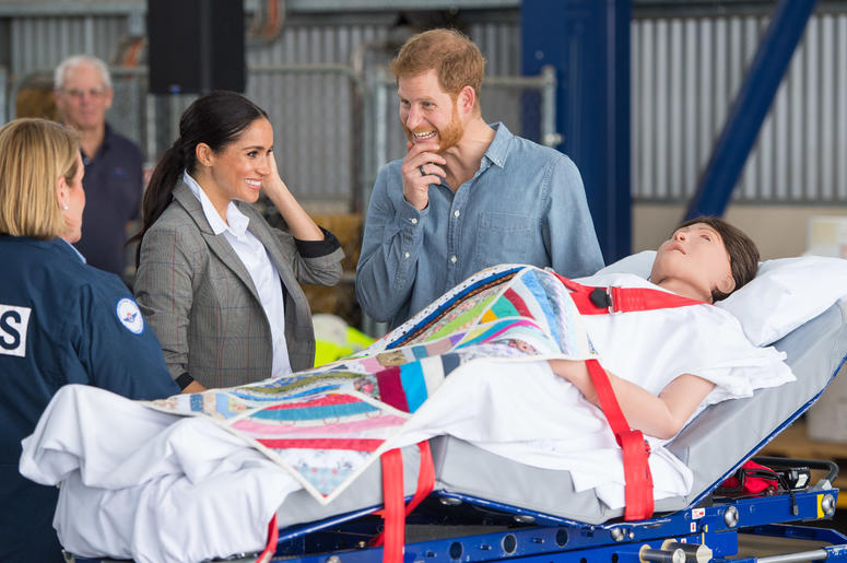 he Duke and Duchess of Sussex look at a medical training aid designed to simulate a pregnant patient as they attend the naming and unveiling of a new Royal Flying Doctor Service aircraft at Dubbo City Regional Airport, in Dubbo, New South Wales, on the se he Duke and Duchess of Sussex look at a medical training aid designed to simulate a pregnant patient as they attend the naming and unveiling of a new Royal Flying Doctor Service aircraft at Dubbo City Regional Airport, in Dubbo, New South Wales, on the se