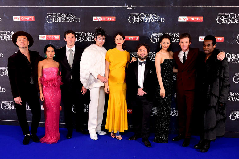 Jude Law (left to right), Zoe Kravitz, Callum Turner, Ezra Miller, Katherine Waterston, Dan Fogler, Claudia Kim, Eddie Redmayne and William Nadylam attending the Fantastic Beasts: The Crimes of Grindelwald UK premiere held at Leicester Square, London Jude Law (left to right), Zoe Kravitz, Callum Turner, Ezra Miller, Katherine Waterston, Dan Fogler, Claudia Kim, Eddie Redmayne and William Nadylam attending the Fantastic Beasts: The Crimes of Grindelwald UK premiere held at Leicester Square, London
