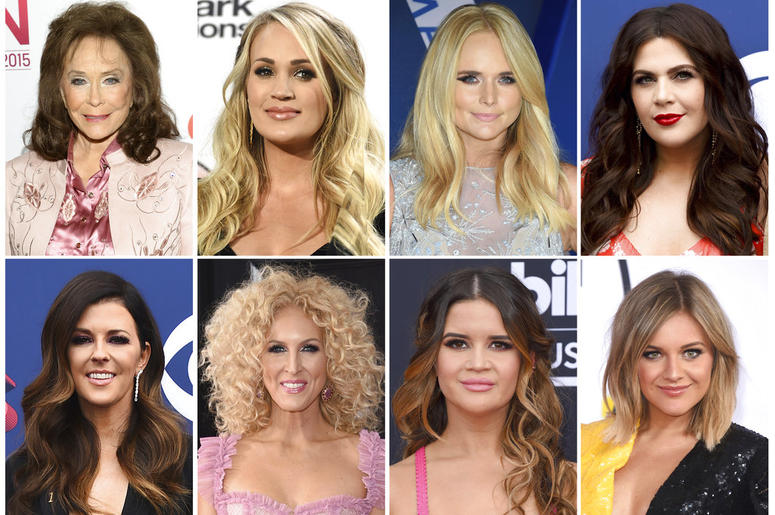 This combination photo shows country music artists, top row from left, Loretta Lynn, Carrie Underwood, Miranda Lambert, Hillary Scott, bottom row from left, Karen Fairchild, Kimberly Schlapman, Maren Morris and Kelsea Ballerini, DO NOT USE