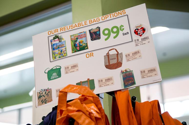Reusable bags are shown advertised Reusable bags are shown advertised