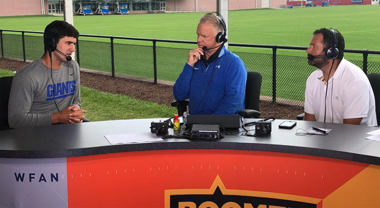 Daniel JonesGiants QB Daniel Jones chats with Boomer and Gio on Aug. 6, 2019 at Quest Diagnostics Training Center. Giants QB Daniel Jones chats with Boomer and Gio on Aug. 6, 2019 at Quest Diagnostics Training Center.