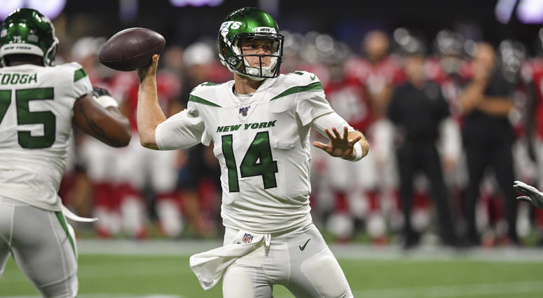 Jets quarterback Sam Darnold passes against the Falcons on Aug. 15, 2019, at Mercedes-Benz Stadium in Atlanta. Jets quarterback Sam Darnold passes against the Falcons on Aug. 15, 2019, at Mercedes-Benz Stadium in Atlanta.