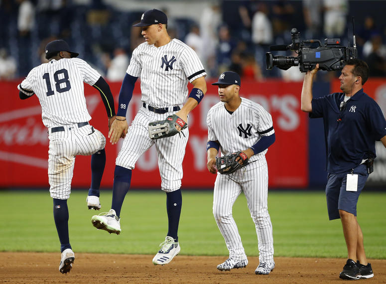 The Yankees celebrate a win. The Yankees celebrate a win.