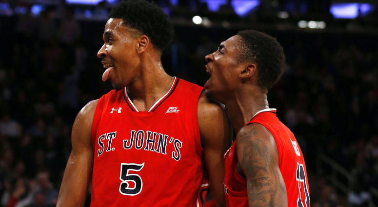 St. John's guard Shamorie Ponds (2) and forward Marvin Clark II celebrate during against Georgetown in the Big East tournament on March 8, 2018, at Madison Square Garden. St. John's guard Shamorie Ponds (2) and forward Marvin Clark II celebrate during against Georgetown in the Big East tournament on March 8, 2018, at Madison Square Garden.