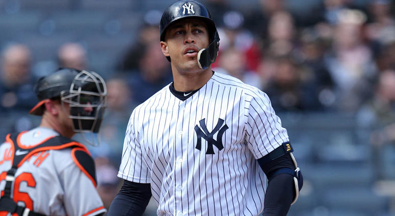 Yankees right fielder Giancarlo Stanton reacts after his third strikeout against the Baltimore Orioles on April 8, 2018, at Yankee Stadium. Yankees right fielder Giancarlo Stanton reacts after his third strikeout against the Baltimore Orioles on April 8, 2018, at Yankee Stadium.