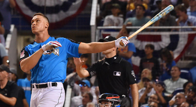 Aaron Judge takes a swing during the Home Run Derby on July 10, 2017, at Marlins Park in Miami. Aaron Judge takes a swing during the Home Run Derby on July 10, 2017, at Marlins Park in Miami.