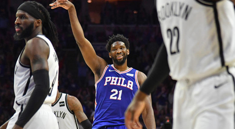 76ers center Joel Embiid (21) reacts after making a three-point shot against the Brooklyn Nets during the second quarter in game five of the first round of the 2019 NBA Playoffs at Wells Fargo Center. 76ers center Joel Embiid (21) reacts after making a three-point shot against the Brooklyn Nets during the second quarter in game five of the first round of the 2019 NBA Playoffs at Wells Fargo Center.