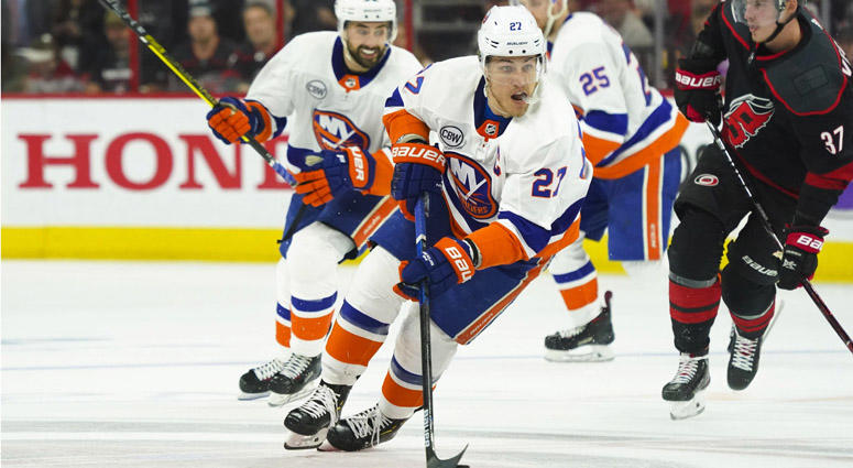 Islanders left wing Anders Lee skates with the puck against the Carolina Hurricanes in Game 4 of their second-round playoff series on May 3, 2019, at PNC Arena in Raleigh, North Carolina. Islanders left wing Anders Lee skates with the puck against the Carolina Hurricanes in Game 4 of their second-round playoff series on May 3, 2019, at PNC Arena in Raleigh, North Carolina.