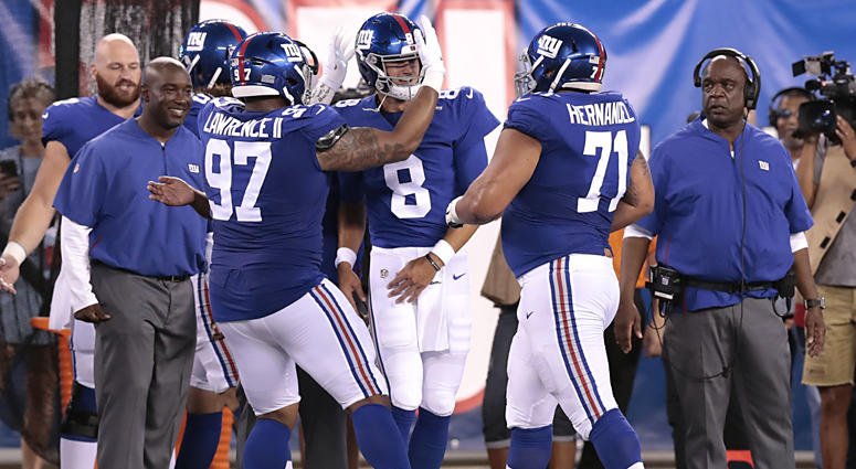 Giants quarterback Daniel Jones (8) celebrates after throwing a touchdown pass against the Jets on Aug. 8, 2019, at MetLife Stadium. Giants quarterback Daniel Jones (8) celebrates after throwing a touchdown pass against the Jets on Aug. 8, 2019, at MetLife Stadium.