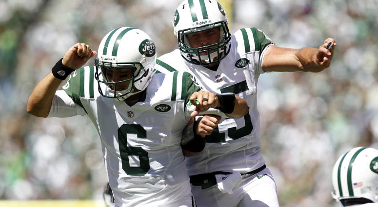 The Jets’ Mark Sanchez (6) and Tim Tebow celebrate a touchdown against the Buffalo Bills during their season opener at MetLife Stadium on Sept. 9, 2012. The Jets’ Mark Sanchez (6) and Tim Tebow celebrate a touchdown against the Buffalo Bills during their season opener at MetLife Stadium on Sept. 9, 2012.