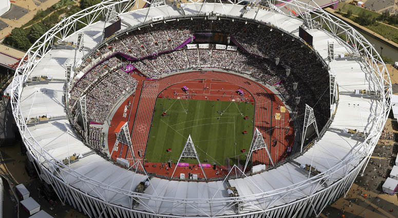 In this Aug. 3, 2012, file photo, Olympic Stadium is viewed during the Summer Olympics at Olympic Park in London. In this Aug. 3, 2012, file photo, Olympic Stadium is viewed during the Summer Olympics at Olympic Park in London.