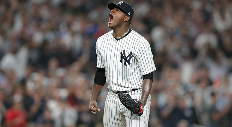 Oct 3, 2018; Bronx, NY, USA; New York Yankees starting pitcher Luis Severino (40) celebrates after making the last out while bases were loaded during the fourth inning against the Oakland Athletics in the 2018 American League wild card playoff baseball ga Oct 3, 2018; Bronx, NY, USA; New York Yankees starting pitcher Luis Severino (40) celebrates after making the last out while bases were loaded during the fourth inning against the Oakland Athletics in the 2018 American League wild card playoff baseball ga