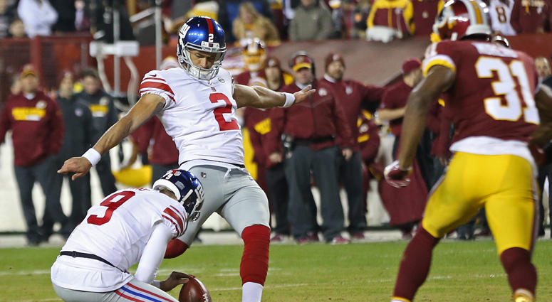 Giants kicker Aldrick Rosas (2) kicks a field goal against the Redskins on Nov. 23, 2017, at FedEx Field in Washington, D.C. Giants kicker Aldrick Rosas (2) kicks a field goal against the Redskins on Nov. 23, 2017, at FedEx Field in Washington, D.C.