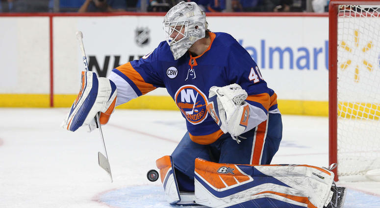 Apr 28, 2019; New York Islanders goalie Robin Lehner makes a save against the Carolina Hurricanes during the third period of game two of the second round of the 2019 Stanley Cup Playoffs at Barclays Center. Mandatory Credit: Brad Penner-USA TODAY Sports Apr 28, 2019; New York Islanders goalie Robin Lehner makes a save against the Carolina Hurricanes during the third period of game two of the second round of the 2019 Stanley Cup Playoffs at Barclays Center. Mandatory Credit: Brad Penner-USA TODAY Sports