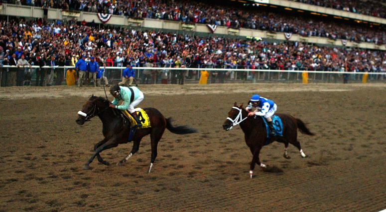 Birdstone (4), riden by Edgar Prado, overtakes Smarty Jones (9), riden by Stewart Elliott, to win the 136th Belmont Stakes on June 5, 2004 at Belmont Park. Birdstone (4), riden by Edgar Prado, overtakes Smarty Jones (9), riden by Stewart Elliott, to win the 136th Belmont Stakes on June 5, 2004 at Belmont Park.