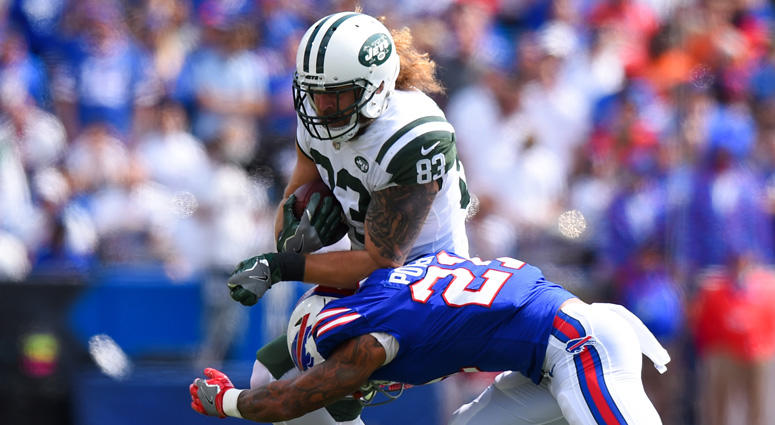 Jets tight end Eric Tomlinson is tackled while playing against the Buffalo Bills on Sept. 10, 2017, at New Era Fieldin Orchard Park, New York. Jets tight end Eric Tomlinson is tackled while playing against the Buffalo Bills on Sept. 10, 2017, at New Era Fieldin Orchard Park, New York.