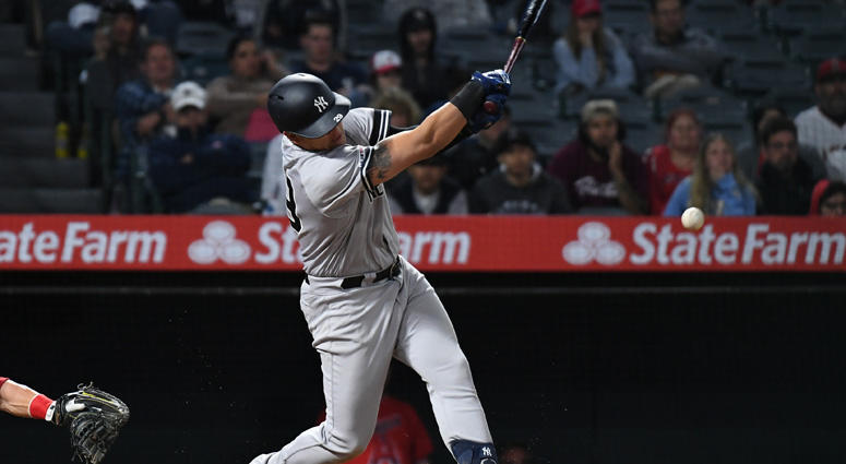 Yankees third baseman Gio Urshela hits an RBI single against the Los Angeles Angels in the 14th inning on April 22, 2019, at Angel Stadium of Anaheim. Yankees third baseman Gio Urshela hits an RBI single against the Los Angeles Angels in the 14th inning on April 22, 2019, at Angel Stadium of Anaheim.