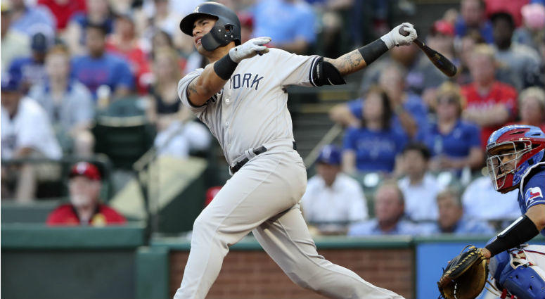 Gleyber Torres hits a two-run home run during the second inning against the Texas Rangers at Globe Life Park in Arlington. Gleyber Torres hits a two-run home run during the second inning against the Texas Rangers at Globe Life Park in Arlington.