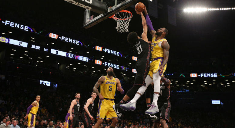 Jarrett Allen blocks a shot by Los Angeles Lakers small forward LeBron James (23) during the first quarter at Barclays Center. Jarrett Allen blocks a shot by Los Angeles Lakers small forward LeBron James (23) during the first quarter at Barclays Center.
