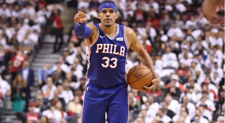 Tobias Harris gestures from the court in the third quarter against the Toronto Raptors in game two of the second round of the 2019 NBA Playoffs at Scotiabank Arena. Tobias Harris gestures from the court in the third quarter against the Toronto Raptors in game two of the second round of the 2019 NBA Playoffs at Scotiabank Arena.