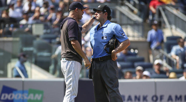 Yankees manager Aaron Boone argues with home plate umpire Ben May on Aug. 17, 2019, against the Cleveland Indians at Yankee Stadium. Yankees manager Aaron Boone argues with home plate umpire Ben May on Aug. 17, 2019, against the Cleveland Indians at Yankee Stadium.