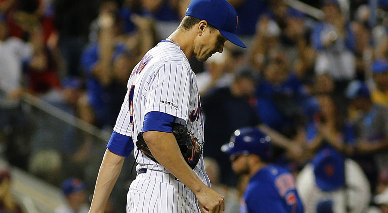 Jacob deGrom reacts after giving up a three-run homer to the Cubs' Victor Caratini in the seventh inning on Aug. 29, 2019, at Citi Field. Jacob deGrom reacts after giving up a three-run homer to the Cubs' Victor Caratini in the seventh inning on Aug. 29, 2019, at Citi Field.