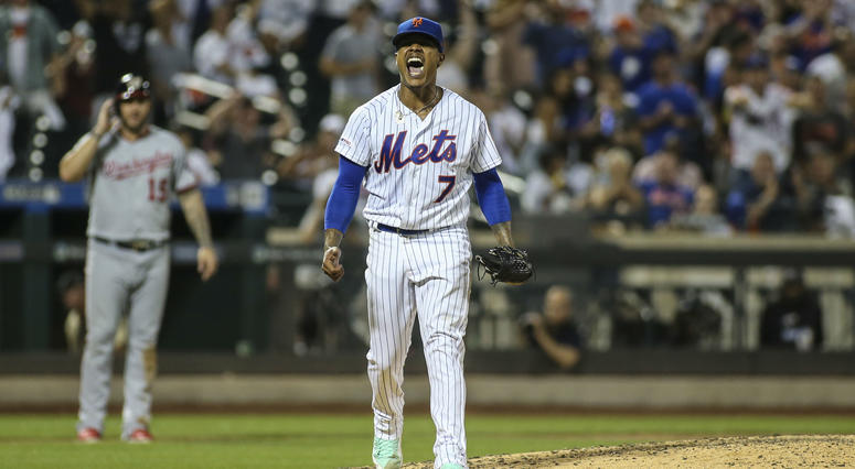 New York Mets pitcher Marcus Stroman (7) reacts after a strikeout to end the sixth inning against the Washington Nationals at Citi Field New York Mets pitcher Marcus Stroman (7) reacts after a strikeout to end the sixth inning against the Washington Nationals at Citi Field