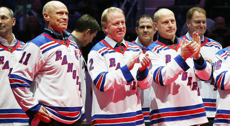 Feb 8, 2019; New York, NY, USA; Rangers captain Mark Messier associate catains Brian Leetch and Adam Graves look on during the ceremony honoring the 1994 Stanley Cup Championship Rangers team at Madison Square Garden. Credit: Andy Marlin-USA TODAY Sports Feb 8, 2019; New York, NY, USA; Rangers captain Mark Messier associate catains Brian Leetch and Adam Graves look on during the ceremony honoring the 1994 Stanley Cup Championship Rangers team at Madison Square Garden. Credit: Andy Marlin-USA TODAY Sports