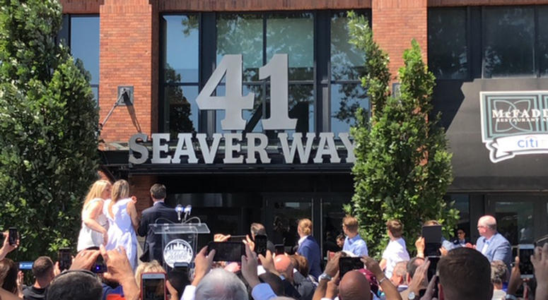 The Mets unveil a sign for 41 Seaver Way at Citi Field on June 27, 2019. The Mets unveil a sign for 41 Seaver Way at Citi Field on June 27, 2019.