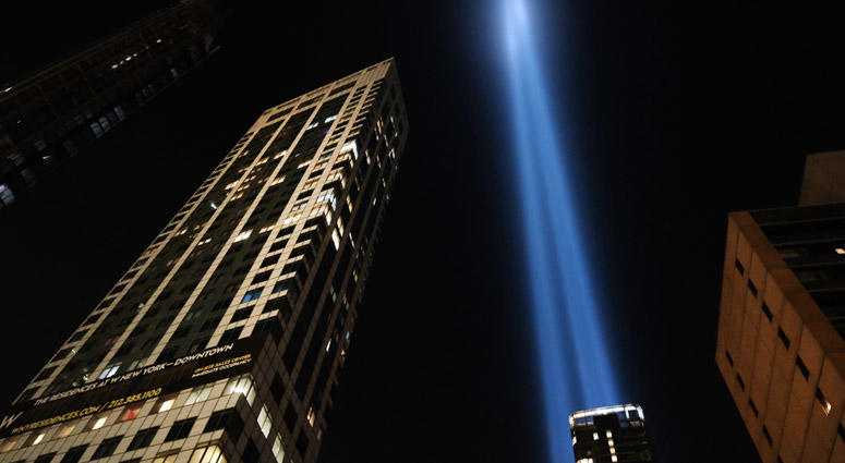 The annual "Tribute in Light" memorial in remembrance of victims who died in the September 11, 2001, terrorist attacks rises above the skyline on September 10, 2019, in New York City. The annual "Tribute in Light" memorial in remembrance of victims who died in the September 11, 2001, terrorist attacks rises above the skyline on September 10, 2019, in New York City.