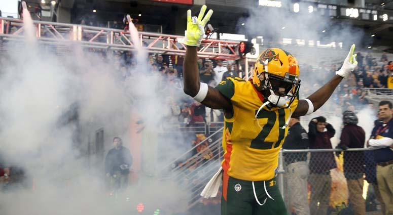Hotshots' Robert Nelson comes onto the field to play the Stallions during the first half of an AAF at Sun Devil Stadium in Tempe, Arizona, on Feb. 10, 2019. Hotshots' Robert Nelson comes onto the field to play the Stallions during the first half of an AAF at Sun Devil Stadium in Tempe, Arizona, on Feb. 10, 2019.