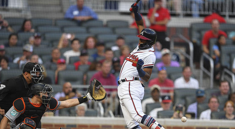 Braves left fielder Ronald Acuna Jr. is hit by the first pitch of the game against the Miami Marlins on Aug. 15, 2018, at SunTrust Park in Atlanta. Braves left fielder Ronald Acuna Jr. is hit by the first pitch of the game against the Miami Marlins on Aug. 15, 2018, at SunTrust Park in Atlanta.