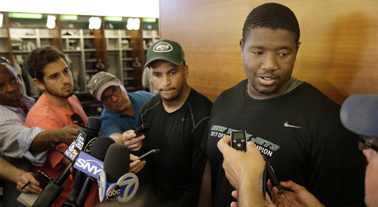 The Jets' Kelvin Beachum (right) and Jermaine Kearse talk to reporters on May 29, 2018, after a practice at the team's training facility in Florham Park, N.J. The Jets' Kelvin Beachum (right) and Jermaine Kearse talk to reporters on May 29, 2018, after a practice at the team's training facility in Florham Park, N.J.