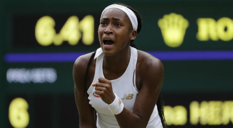 United States' Cori "Coco" Gauff reacts after winning a point against Slovenia's Polona Hercog in a Women's singles match during day five of the Wimbledon Tennis Championships in London United States' Cori "Coco" Gauff reacts after winning a point against Slovenia's Polona Hercog in a Women's singles match during day five of the Wimbledon Tennis Championships in London