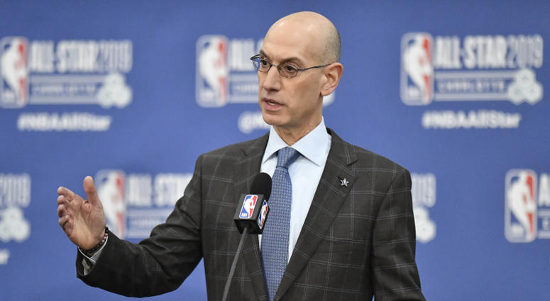 NBA Commissioner Adam Silver speaks to the media during a news conference at Spectrum Center in Charlotte, N.C., on Saturday, Feb. 16, 2019. Adam Silver