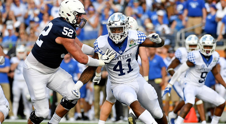 Josh Allen (41) pass rushes against Penn State Nittany Lions offensive lineman Ryan Bates (52) during the first half in the 2019 Citrus Bowl at Camping World Stadium. Mandatory Credit: Jasen Vinlove-USA TODAY Sports Josh Allen (41) pass rushes against Penn State Nittany Lions offensive lineman Ryan Bates (52) during the first half in the 2019 Citrus Bowl at Camping World Stadium. Mandatory Credit: Jasen Vinlove-USA TODAY Sports