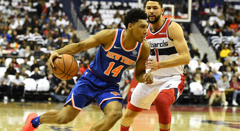 Nov 4, 2018; Washington, DC, USA; New York Knicks guard Allonzo Trier (14) dribbles past Washington Wizards guard Austin Rivers (1) during the first half at Capital One Arena. Mandatory Credit: Brad Mills-USA TODAY Sports Nov 4, 2018; Washington, DC, USA; New York Knicks guard Allonzo Trier (14) dribbles past Washington Wizards guard Austin Rivers (1) during the first half at Capital One Arena. Mandatory Credit: Brad Mills-USA TODAY Sports
