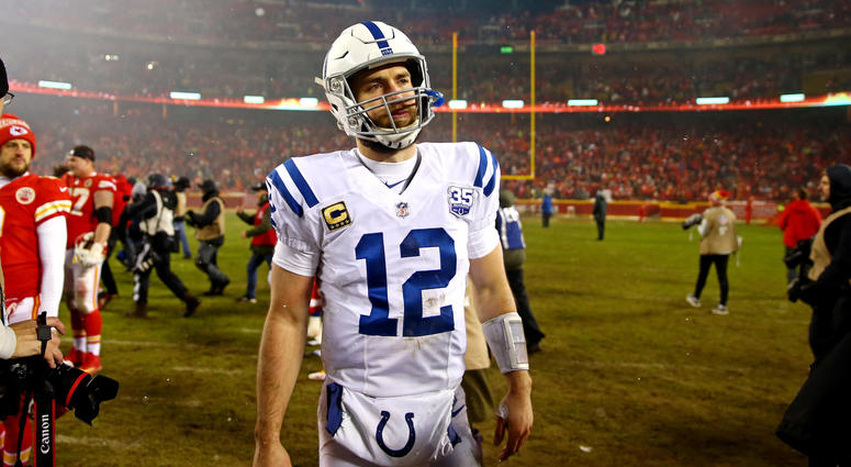 Jan 12, 2019; Kansas City, MO, USA; Indianapolis Colts quarterback Andrew Luck (12) reacts after loosing to the Kansas City Chiefs in an AFC Divisional playoff football game at Arrowhead Stadium. Mandatory Credit: Mark J. Rebilas-USA TODAY Sports Jan 12, 2019; Kansas City, MO, USA; Indianapolis Colts quarterback Andrew Luck (12) reacts after loosing to the Kansas City Chiefs in an AFC Divisional playoff football game at Arrowhead Stadium. Mandatory Credit: Mark J. Rebilas-USA TODAY Sports