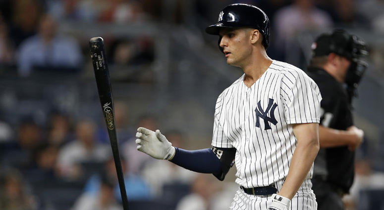 Yankees first baseman Greg Bird reacts after striking out against the Tampa Bay Rays on Aug. 15, 2018, at Yankee Stadium. Yankees first baseman Greg Bird reacts after striking out against the Tampa Bay Rays on Aug. 15, 2018, at Yankee Stadium.