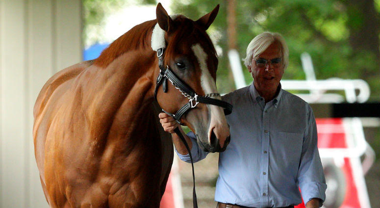 Jun 6, 2018; Elmont, NY, USA; Triple crown contender Justify is walked around the barn by trainer Bob Baffert after arriving at Belmont Park. Mandatory Credit: Brad Penner-USA TODAY Sports