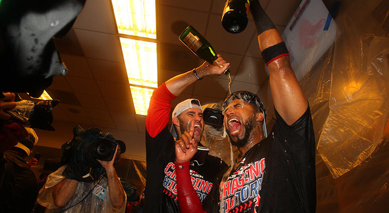 J.D. Martinez (28) and Boston Red Sox third baseman Eduardo Nunez (36) celebrate after beating the New York Yankees in game four of the 2018 ALDS playoff baseball series at Yankee Stadium. Mandatory Credit: Brad Penner-USA TODAY Sports J.D. Martinez (28) and Boston Red Sox third baseman Eduardo Nunez (36) celebrate after beating the New York Yankees in game four of the 2018 ALDS playoff baseball series at Yankee Stadium. Mandatory Credit: Brad Penner-USA TODAY Sports