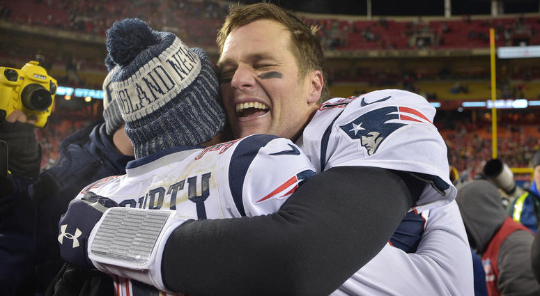 an 20, 2019; New England Patriots quarterback Tom Brady celebrates with Devin McCourty after defeating the Kansas City Chiefs during overtime in the AFC Championship game at Arrowhead Stadium. Mandatory Credit: Denny Medley - USA TODAY Sports an 20, 2019; New England Patriots quarterback Tom Brady celebrates with Devin McCourty after defeating the Kansas City Chiefs during overtime in the AFC Championship game at Arrowhead Stadium. Mandatory Credit: Denny Medley - USA TODAY Sports