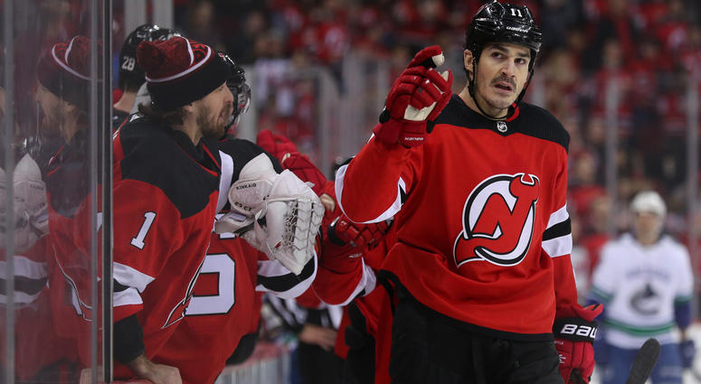 Dec 31, 2018; Newark, NJ, USA; New Jersey Devils center Brian Boyle (11) points to the stands after a scoring a goal during the first period of their game against the Vancouver Canucks at Prudential Center. Mandatory Credit: Ed Mulholland-USA TODAY Sports Dec 31, 2018; Newark, NJ, USA; New Jersey Devils center Brian Boyle (11) points to the stands after a scoring a goal during the first period of their game against the Vancouver Canucks at Prudential Center. Mandatory Credit: Ed Mulholland-USA TODAY Sports