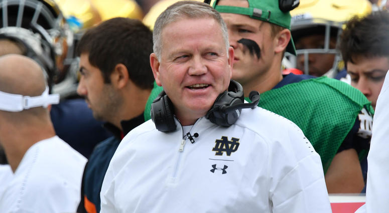 Sep 8, 2018; South Bend, IN, USA; Notre Dame Fighting Irish head coach Brian Kelly smiles in the first quarter against the Ball State Cardinals at Notre Dame Stadium. Mandatory Credit: Matt Cashore-USA TODAY Sports Sep 8, 2018; South Bend, IN, USA; Notre Dame Fighting Irish head coach Brian Kelly smiles in the first quarter against the Ball State Cardinals at Notre Dame Stadium. Mandatory Credit: Matt Cashore-USA TODAY Sports