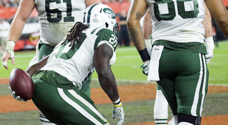 Jets running back Isaiah Crowell celebrates after scoring a touchdown against the Cleveland Browns on Sept. 20, 2018, at FirstEnergy Stadium in Cleveland. Jets running back Isaiah Crowell celebrates after scoring a touchdown against the Cleveland Browns on Sept. 20, 2018, at FirstEnergy Stadium in Cleveland.